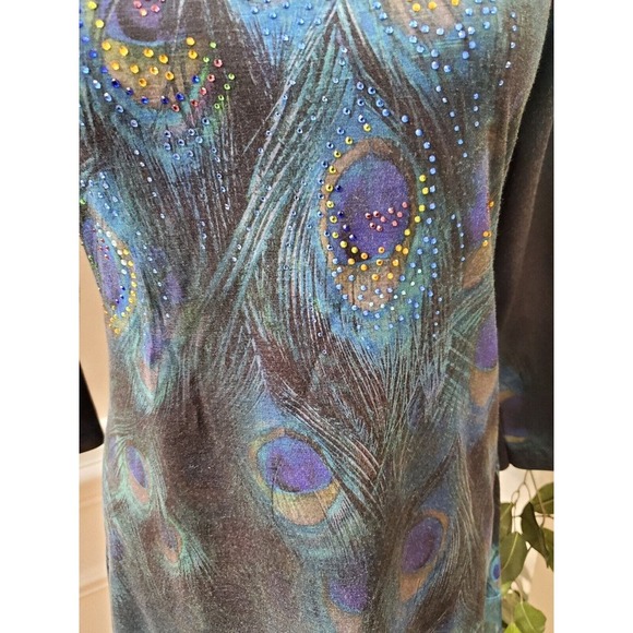 Indigo Soul Women's Multicolor Peacock Round Neck Long Sleeve Top Blouse Small - Picture 3 of 12